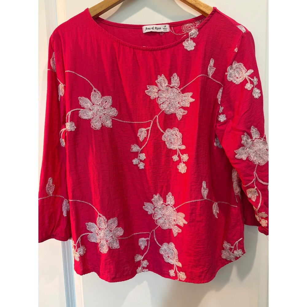 Ana & Rose Pink Floral Embroidered Blouse 3/4 Sleeve Top LP Petite